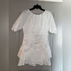 Linen White Mini Dress Tie Back Bubble Sleeves